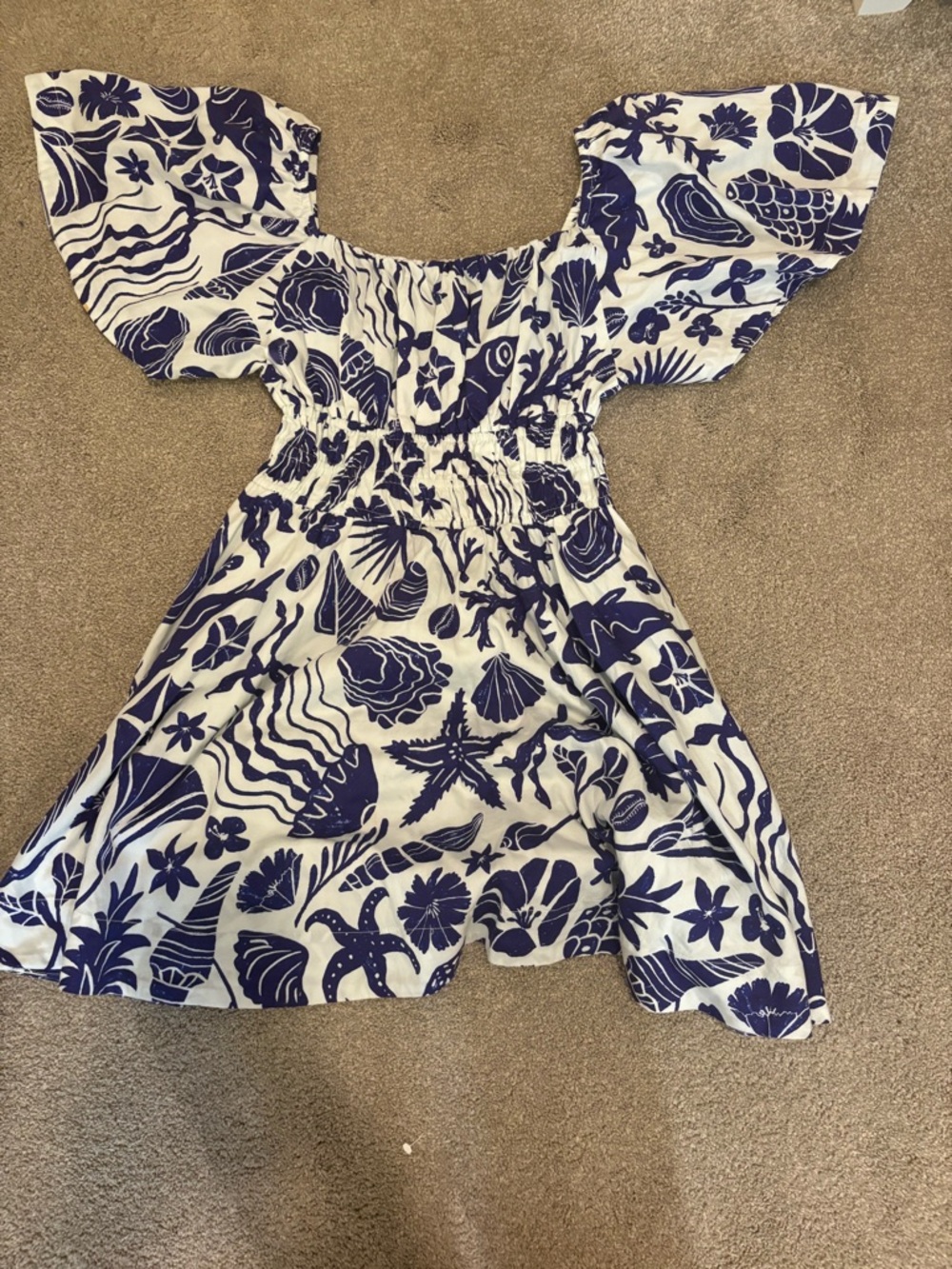 Teens White and Navy Sea Life Print Off-Shoulder Dress